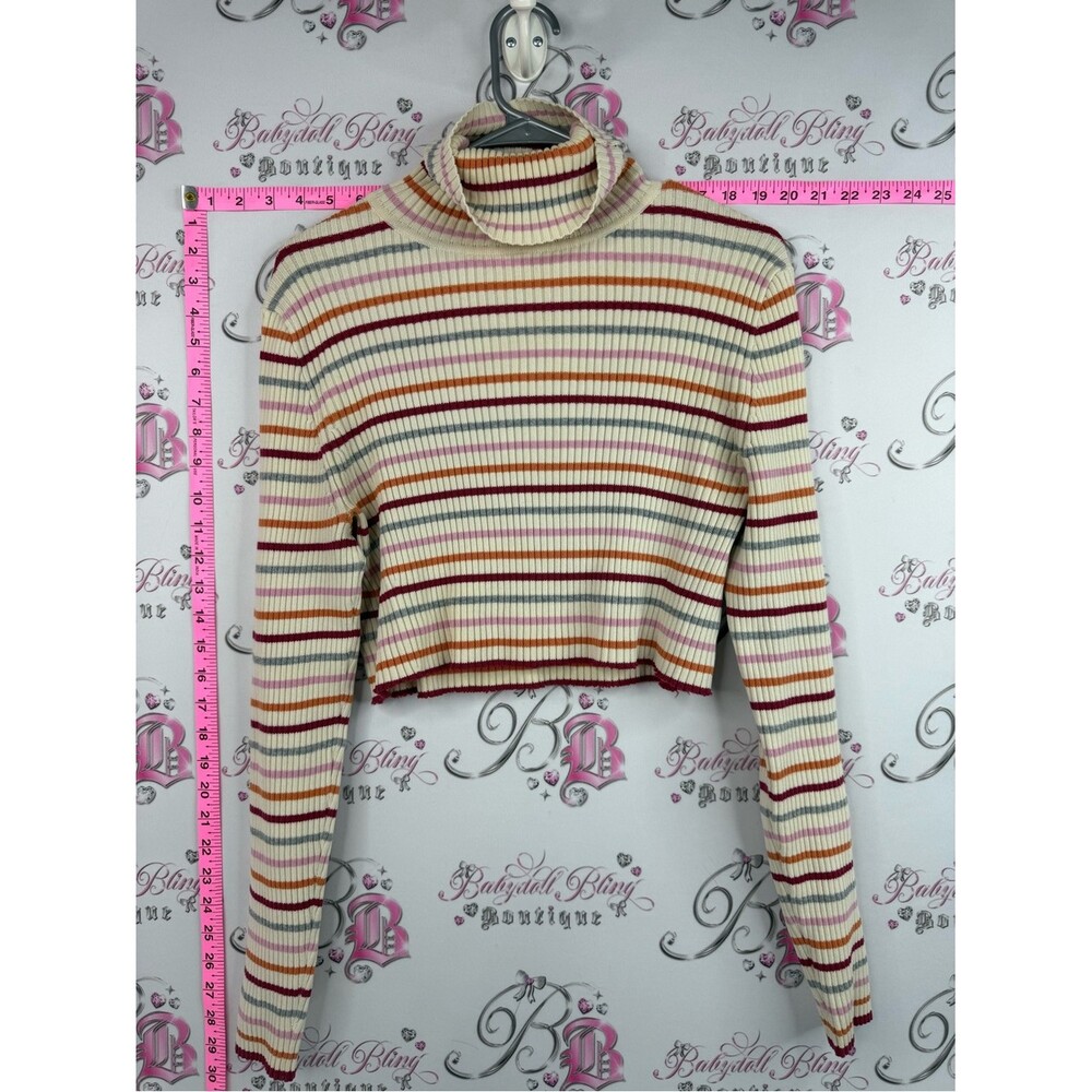 GAP Cream Ribbed Turtleneck Crop Sweater with Red, Orange, Yellow & Blue Stripes